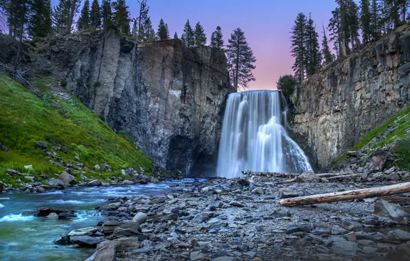 Picture forest, trees, landscape, sunset, nature, river, stones, waterfall, stream, Rocks