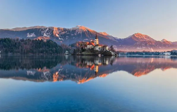 Light, mountains, lake, Church, Slovenia, Bled