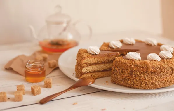 Tea, honey, cake, sugar, honey