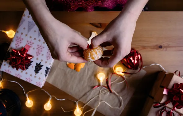 Winter, holiday, hands, Christmas, New year, garland, Christmas decorations, Mandarin