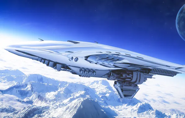 Picture snow, mountains, ship, planet, art, orbit