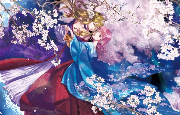 Flowers, girls, Sakura, art, touhou, strikingly is wait, saigyouji yuyuko, kyuu umi