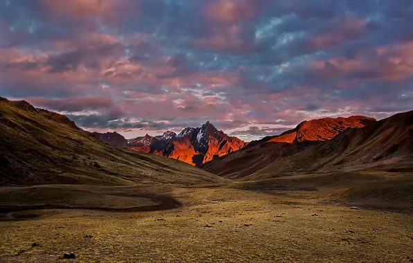 The sky, clouds, sunset, mountains, tops