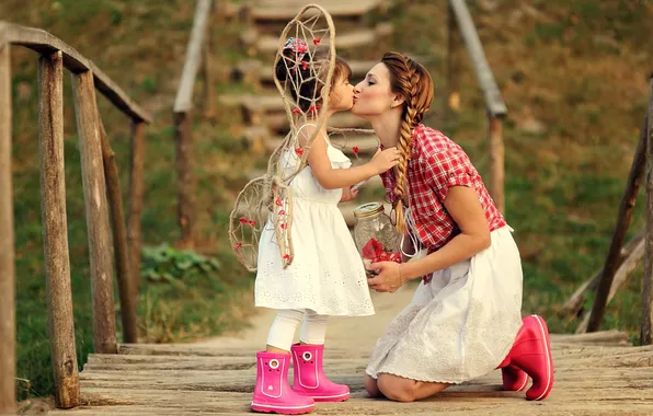 Love, bridge, children, kiss, girl, mother