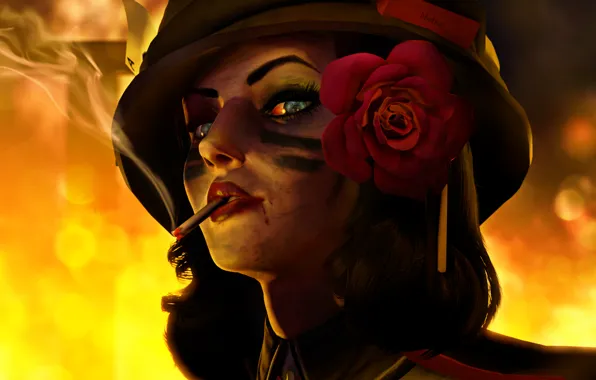 Girl, fire, war, cigarette, helmet, Elizabeth, BioShock Infinite