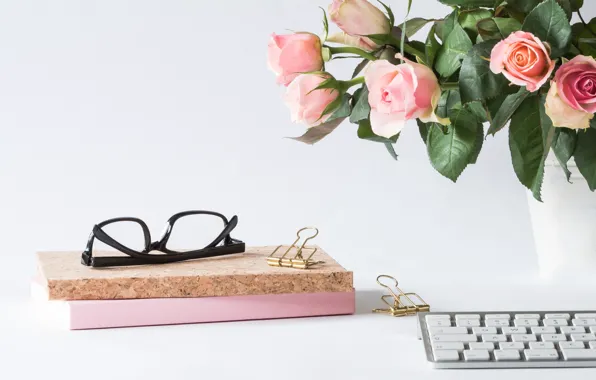 Roses, bouquet, glasses, vase, keyboard, notebooks