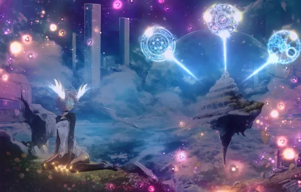 Space, fiction, magic, signs, flying island, girl, by Shijori