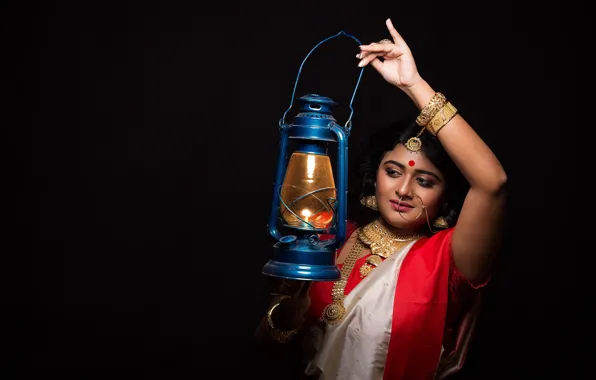 Girl, decoration, lamp, lantern, Indian, saree