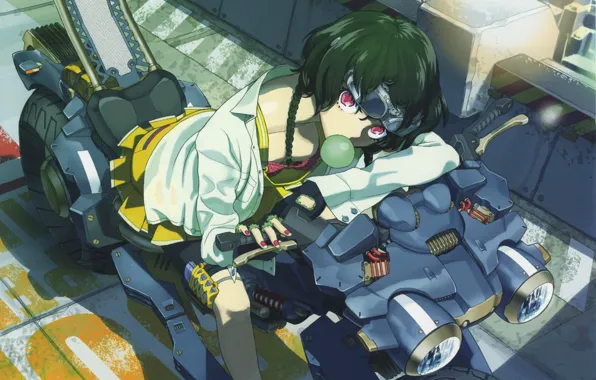 Girl, glasses, motorcycle, bike, bubble, red eyes