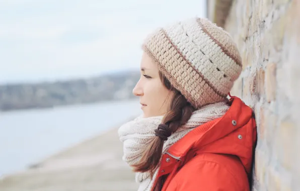 Picture girl, hat, profile, scarf. pigtail