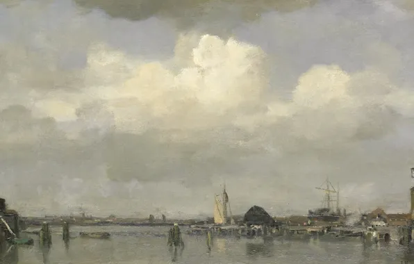Oil, picture, canvas, Jacob Maris Hendrikus, A view of the Harbour