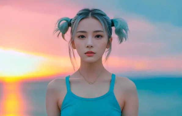 The sky, look, girl, the sun, clouds, dawn, portrait, morning