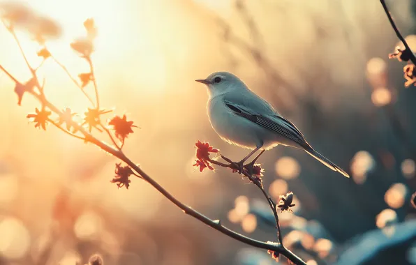 Light, flowers, bird, branch, spring, morning, flowering, bokeh