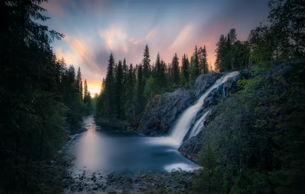 Forest, the sky, rocks, shore, waterfall, ate, pond