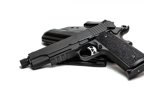 Picture gun, tuning, white background, holster, 1911, Sig Sauer, 45acp, threaded barrel
