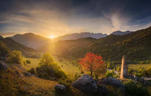 The sun, rays, landscape, mountains, nature, river, stones, tower