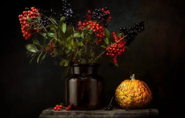 Berries, Bank, pumpkin, still life, the dark background