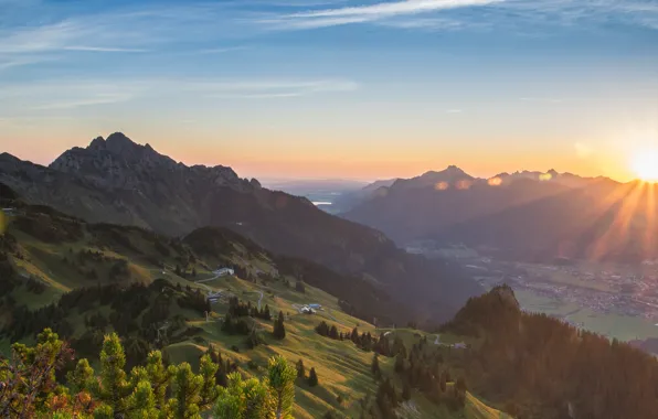 The sun, clouds, rays, light, mountains, fog, blue, dawn