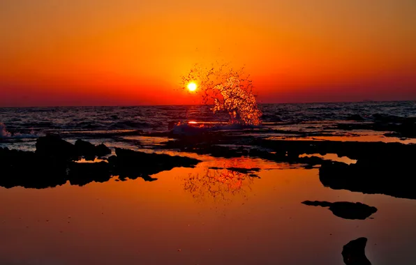 Picture sea, wave, the sun, sunset, splash