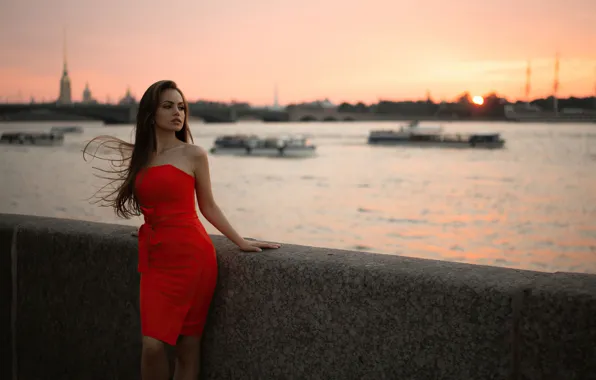 Water, beauty, promenade, water, beauty, Neva, the girl in the red dress, embankment