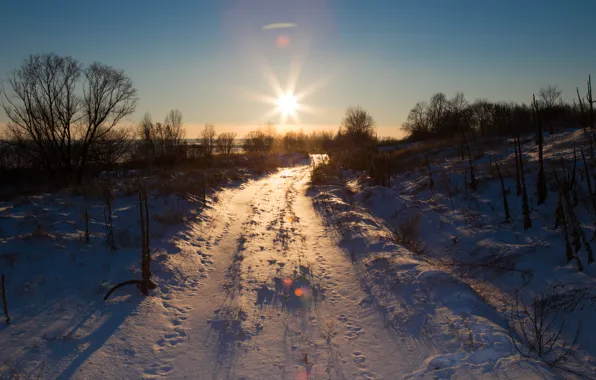 Picture winter, road, snow, sunset