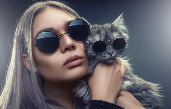 Cat, cat, girl, face, style, background, glasses, Andrey Bortnikov