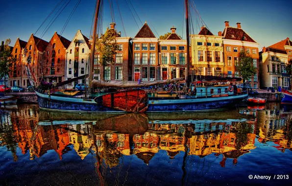 Picture river, HDR, sailboat, Netherlands, promenade, Netherlands, Groningen, Groningen