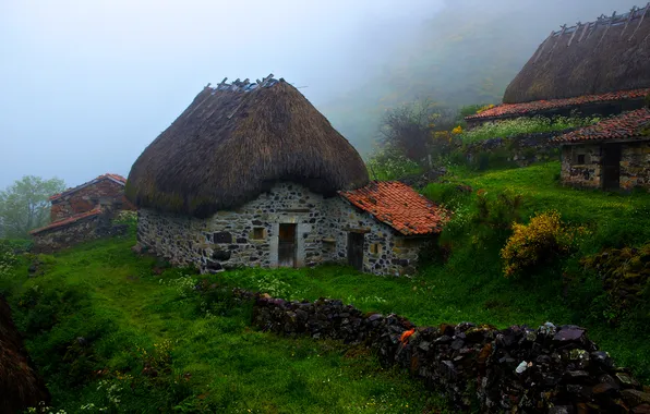 Mountains, fog, house, Spain, Asturias