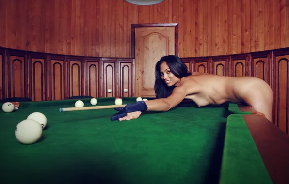 Chest, girl, table, balls, the game, naked, body, brunette