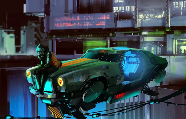 Girl, Car, Art, Sci-Fi, Cyberpunk