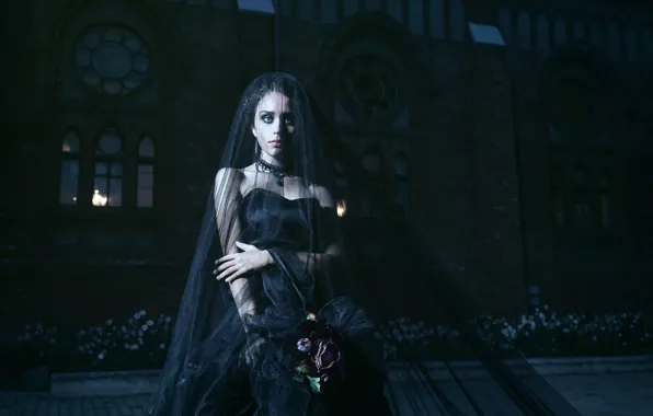 Look, girl, night, the building, Windows, dress, brunette, a bouquet of flowers