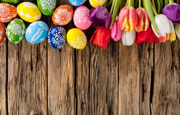 Eggs, colorful, Easter, tulips, happy, wood, flowers, tulips