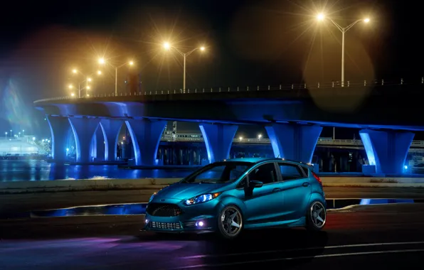Picture Ford, Blue, Front, Bridge, Night, Fiesta, Wheels, ADV.1