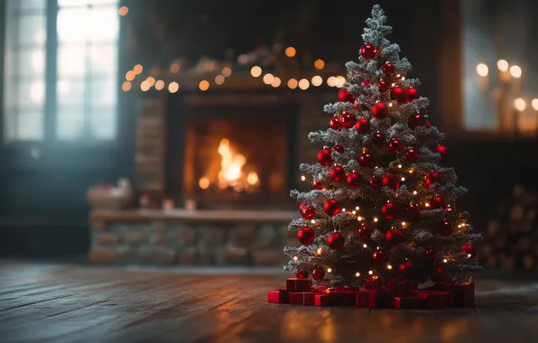 Balls, room, fire, flame, window, Christmas, gifts, New year