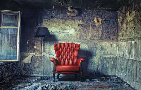 Red, lamp, chair, window, Room