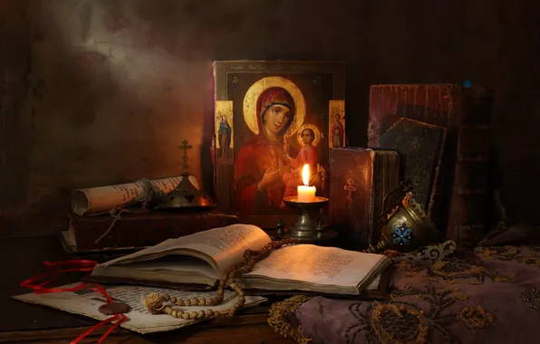 Still life with icon, Still Life with icon, books and candle, books and candles