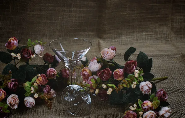 Glass, flowers, glass, roses, bouquet, glasses, still life, burlap
