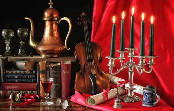 Notes, wine, violin, glass, books, candles, glasses, still life