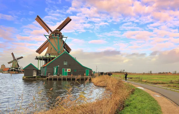 The sky, clouds, channel, Netherlands, windmill