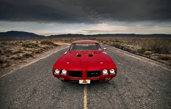 Picture road, the storm, clouds, hills, lights, front, Pontiac, GTO