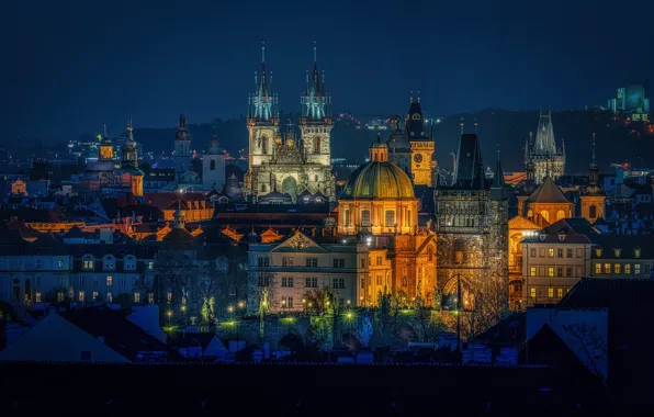 Building, home, Prague, Czech Republic, tower, night city, Prague, Czech Republic