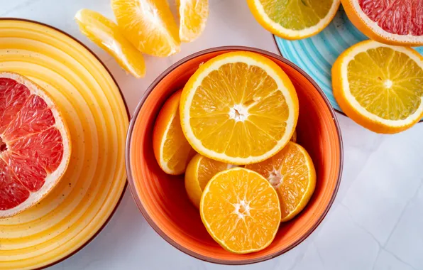 Oranges, bowl, citrus, different, grapefruit, slices, cutting, tangerines