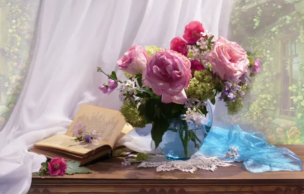 Picture flowers, roses, bouquet, fabric, book, pitcher, still life, napkin