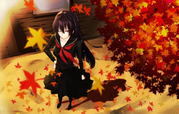 Picture autumn, leaves, girl, smile, the wind, schoolgirl, art, kanoa yuuko