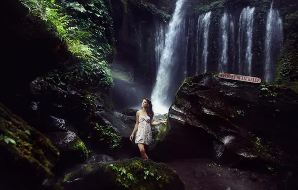 Picture girl, background, waterfall