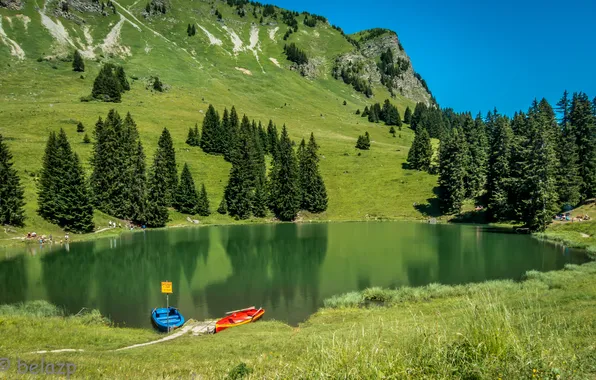 The sky, trees, mountains, lake, boat, slope