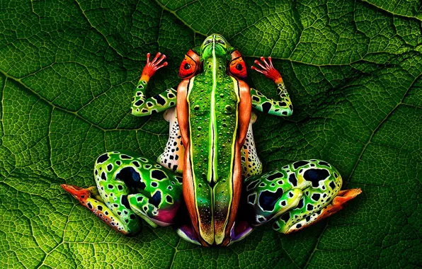 Picture bodypainting, green leaf, naked women, Frog