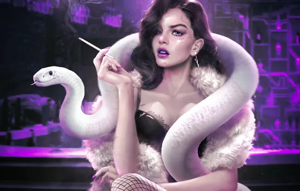 Girl, Snake, Brunette, Purple, Art, Smokes