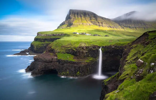 Picture rocks, island, waterfall, village, Faroe Islands