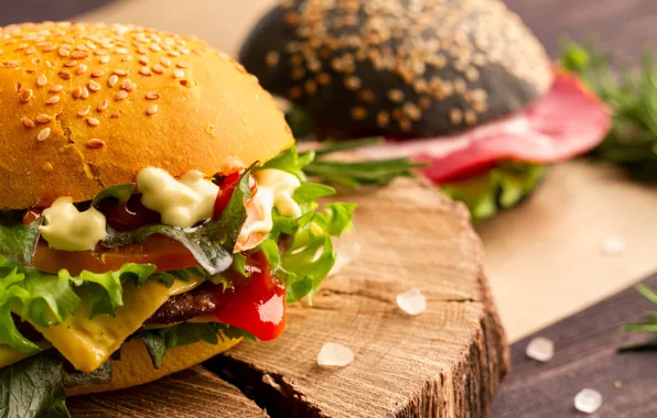 Burgers, sandwiches, fast food, cutting Board, fastfood